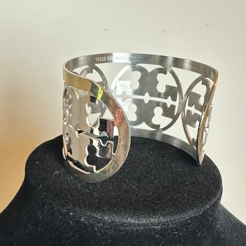 Tory Burch Reva Wide Logo Cutout Cuff Bracelet Silver - Picture 2 of 3